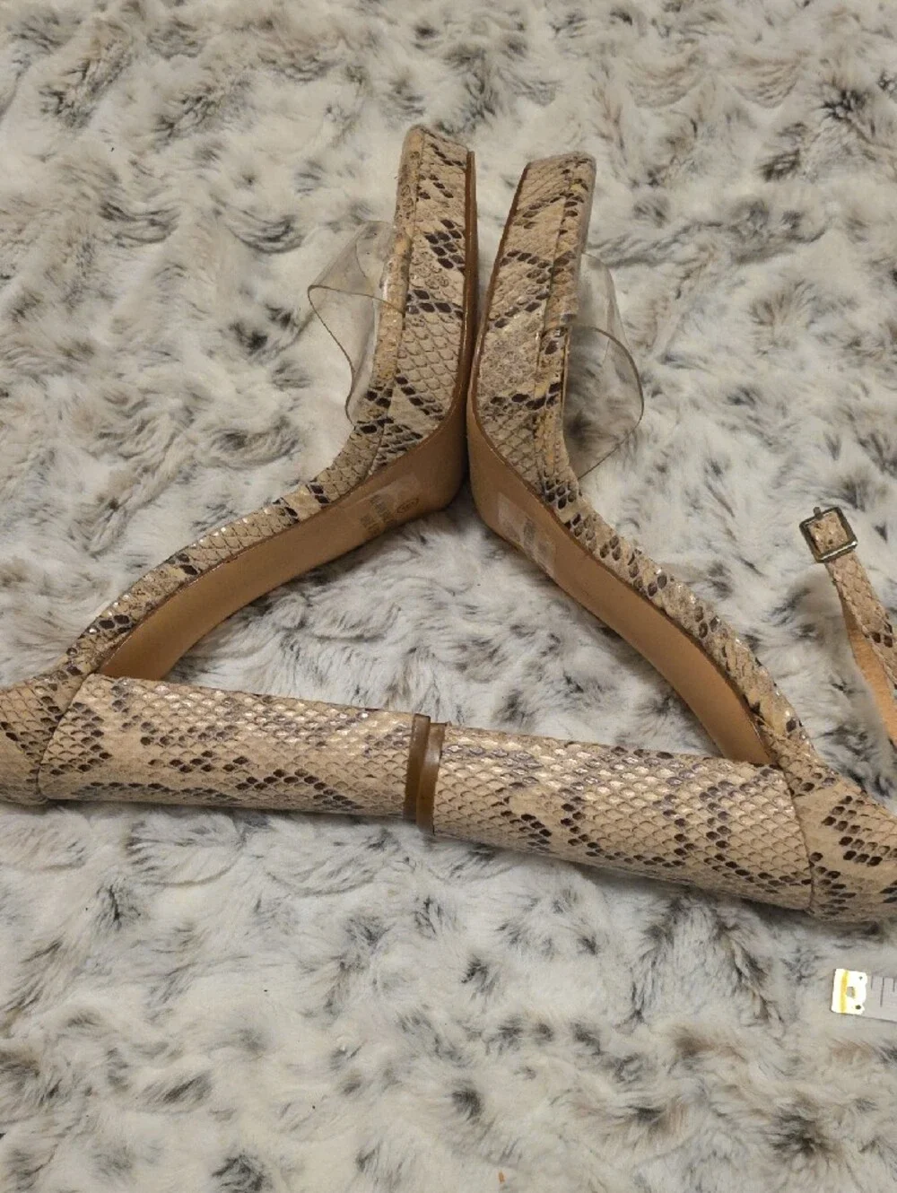 Womens 9 Snake-Print Block Heel Sandals with Clear Strap - Beige